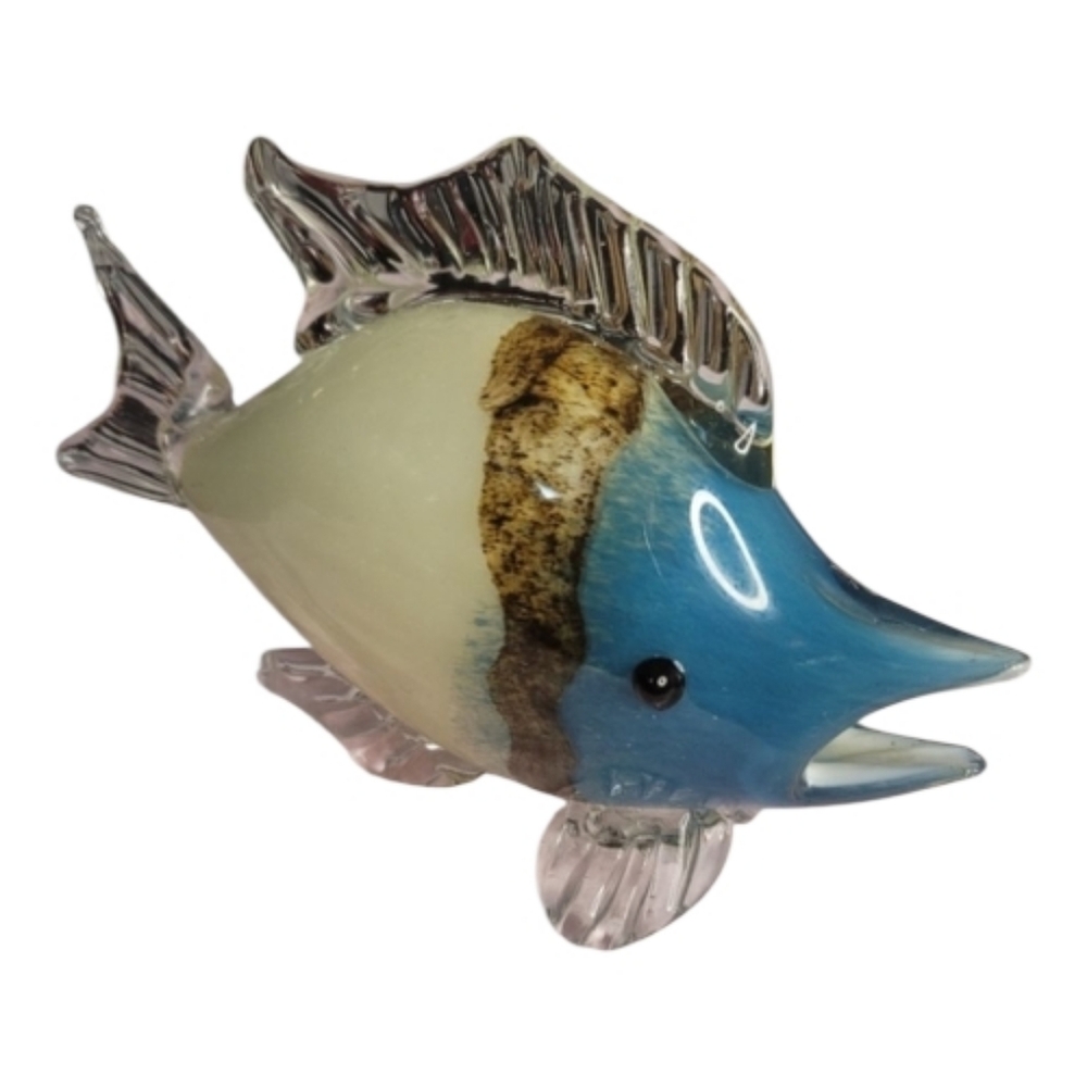 Glass  Blow Fish  - Blue and Brown And  Cream In Color